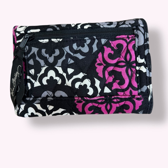 Vera Bradley Tri-Fold Wallet Accordion Quilted Cotton Black Pink ID Card Case - Picture 4 of 13